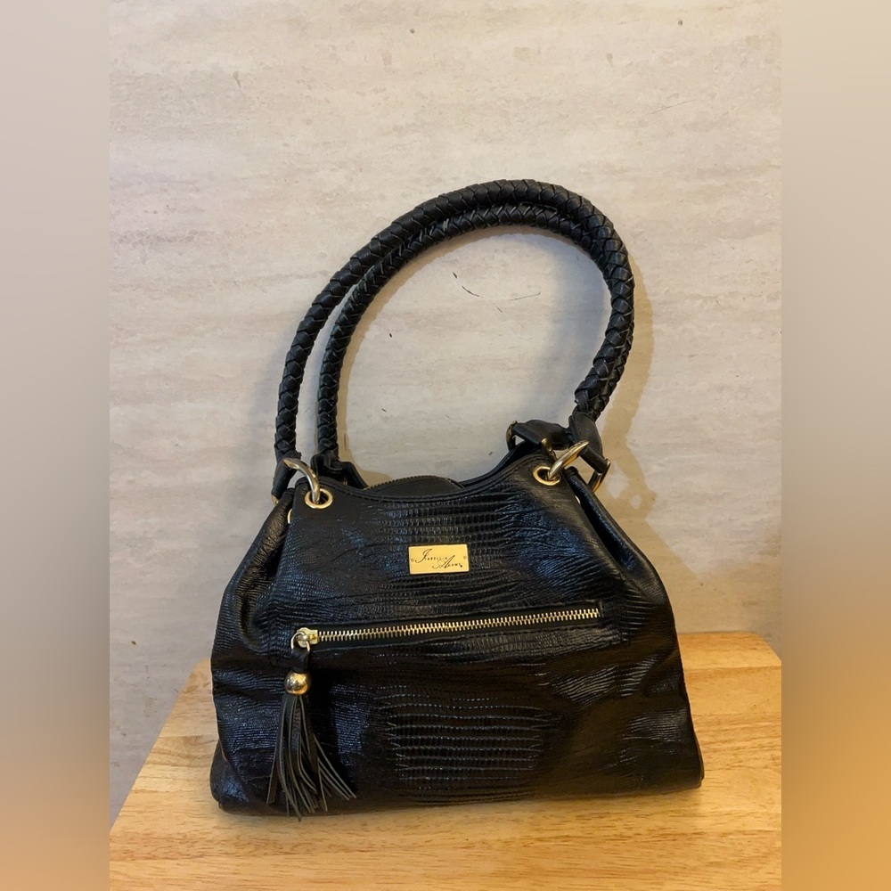Vintage Isabella Adams Genuine Leather Black Women's Bag with Braided Handles
